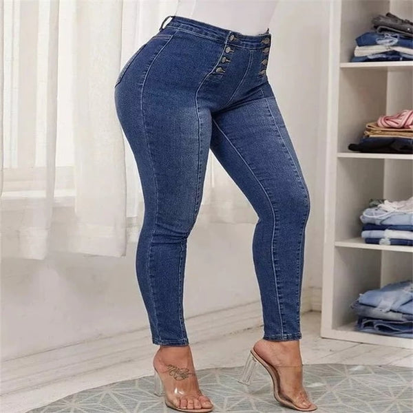 Dobbeltradede skinny jeans med høj talje